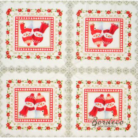 Serwetka decoupage firmy IHR bałwanki w ramce 33x33cm